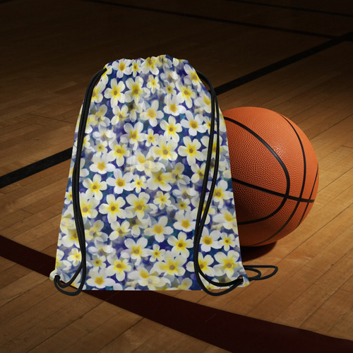 Summer Flowers Pattern White Blue Large Drawstring Bag Model 1604 (Twin Sides)  16.5"(W) * 19.3"(H)