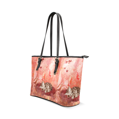 Sweet little sleeping kitten Leather Tote Bag/Large (Model 1640)