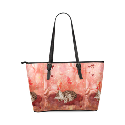 Sweet little sleeping kitten Leather Tote Bag/Large (Model 1640)