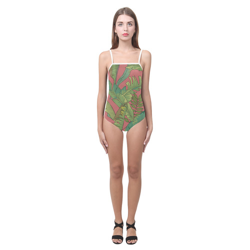 Palm Leaves Pink Strappy One-Piece Strap Swimsuit ( Model S05)