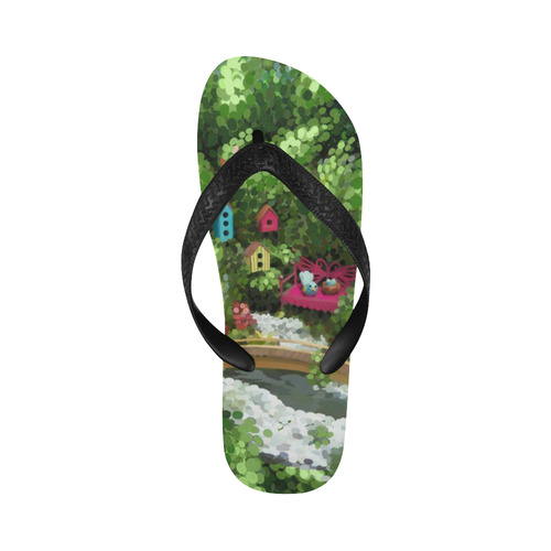 Birds and nest boxes in fairy tale garden, kids Flip Flops for Men/Women (Model 040)