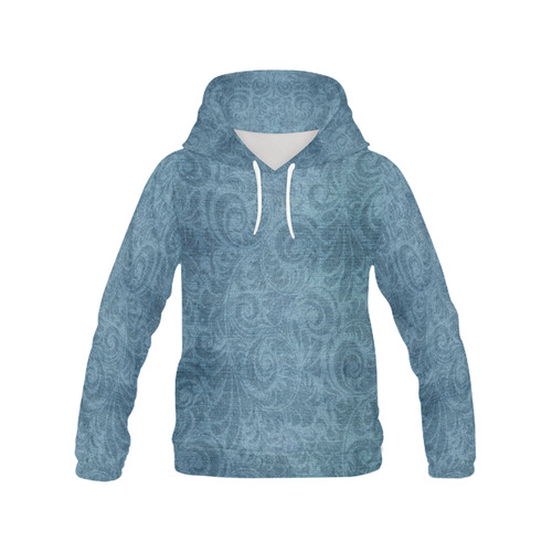 Denim with vintage floral pattern, turquoise blue All Over Print Hoodie for Women (USA Size) (Model H13)