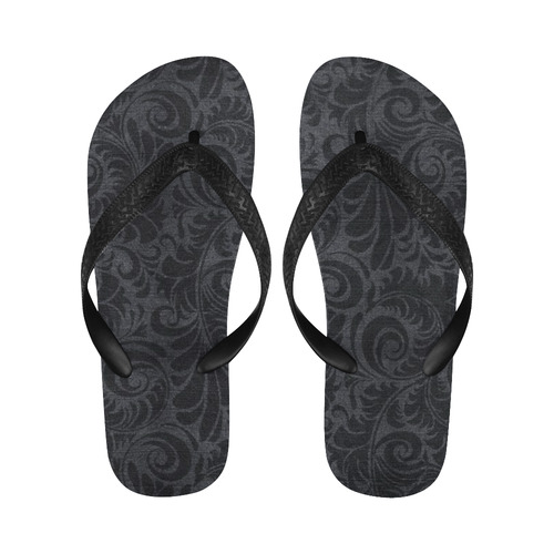 Denim with vintage floral pattern, black grey Flip Flops for Men/Women (Model 040)