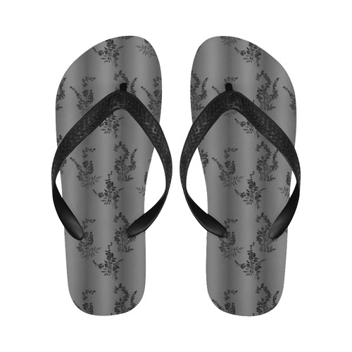 Black Flowers on Gray Flip Flops for Men/Women (Model 040)