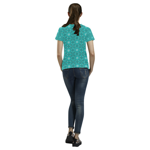 Teal Lace All Over Print T-Shirt for Women (USA Size) (Model T40)