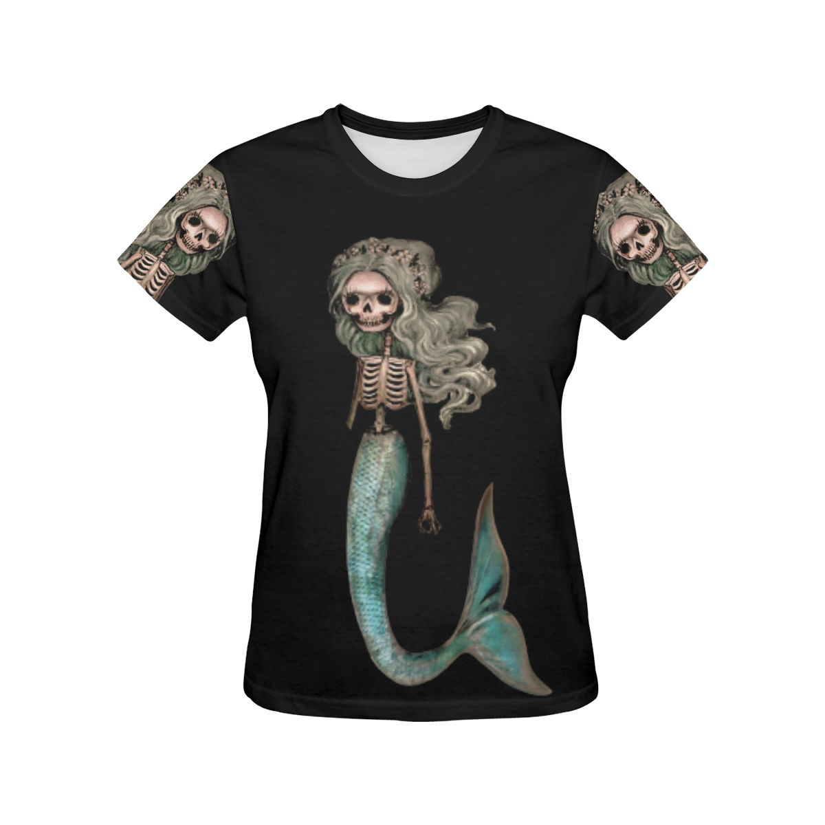 Womens Top Aesthetic Gothic Graphic Mermaid Fossil Skull Print Crewneck T-Shirt 