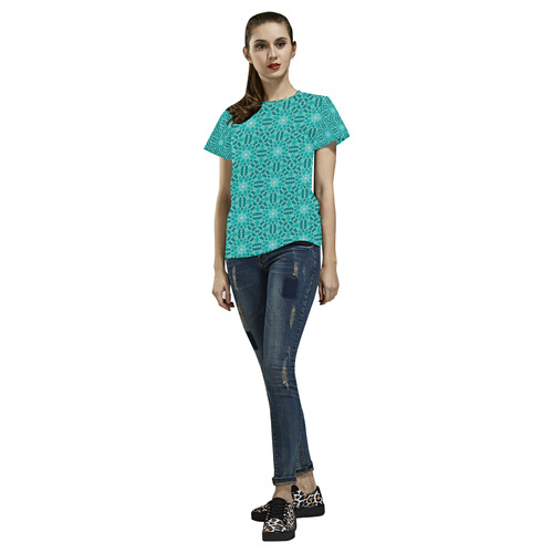 Teal Lace All Over Print T-Shirt for Women (USA Size) (Model T40)