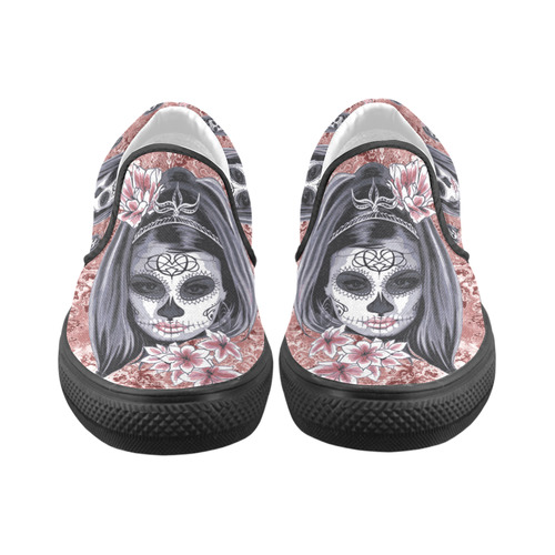 Skull Of A Pretty Flowers Lady Pattern Women's Slip-on Canvas Shoes (Model 019)