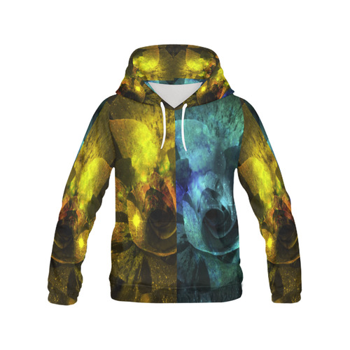 Yellow and Blue Sparkling Rose All Over Print Hoodie for Women (USA Size) (Model H13)