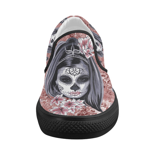 Skull Of A Pretty Flowers Lady Pattern Women's Slip-on Canvas Shoes (Model 019)