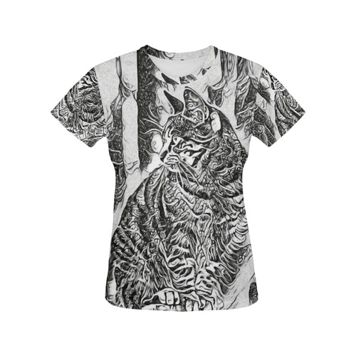 Black White Drawing of a CAT All Over Print T-Shirt for Women (USA Size) (Model T40)