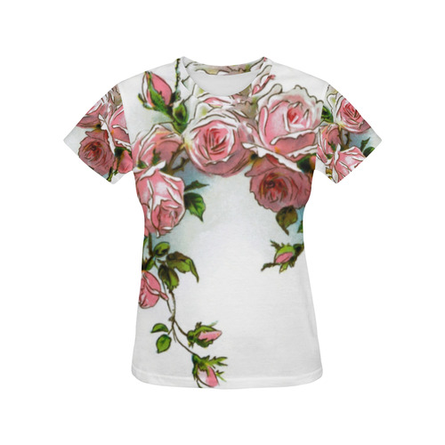 Vintage Pink Rose Floral All Over Print T-Shirt for Women (USA Size) (Model T40)