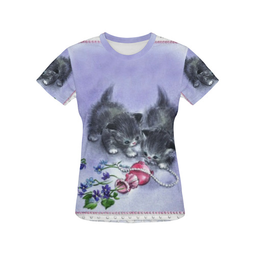 Vintage Kittens Antique Pearls All Over Print T-Shirt for Women (USA Size) (Model T40)