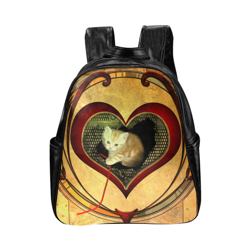 Cute kitten on a heart Multi-Pockets Backpack (Model 1636)