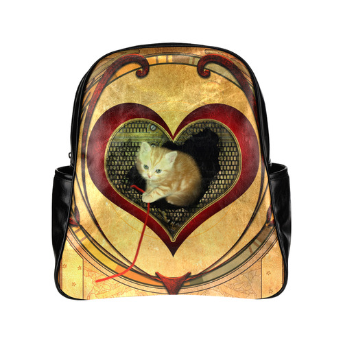Cute kitten on a heart Multi-Pockets Backpack (Model 1636)