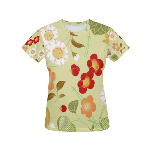 Red Sakura Japanese Cherry Blossom.Floral All Over Print T-Shirt for Women (USA Size) (Model T40)