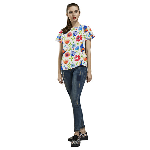 Cute Birds And Flowers Floral All Over Print T-Shirt for Women (USA Size) (Model T40)