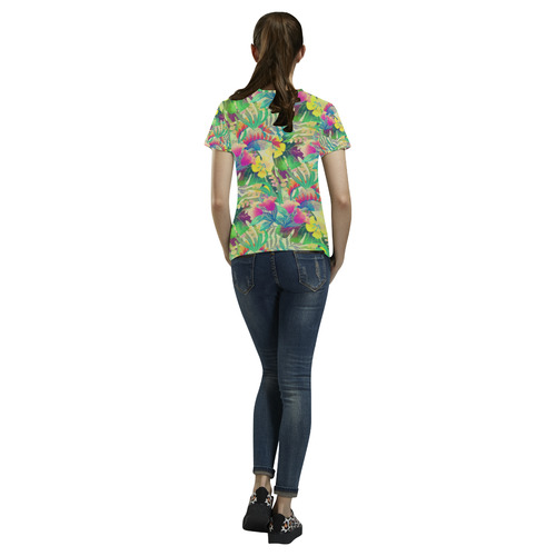 Beautiful Tropical Flowers Watercolor Pattern All Over Print T-Shirt for Women (USA Size) (Model T40)