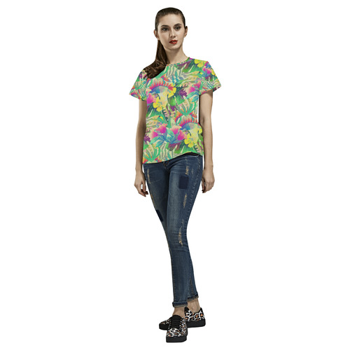 Beautiful Tropical Flowers Watercolor Pattern All Over Print T-Shirt for Women (USA Size) (Model T40)