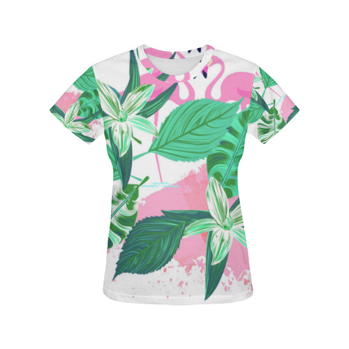 Pink Flamingos Floral Background All Over Print T-Shirt for Women (USA Size) (Model T40)