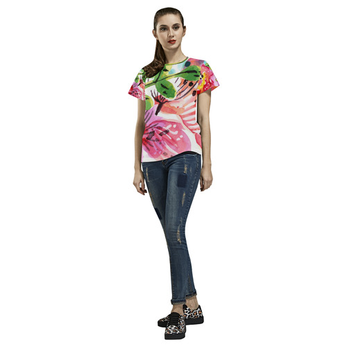 Cute Pink Watercolor Floral Landscape All Over Print T-Shirt for Women (USA Size) (Model T40)
