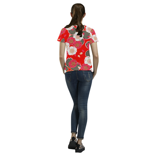 Red White Japanese Kimono Pattern All Over Print T-Shirt for Women (USA Size) (Model T40)