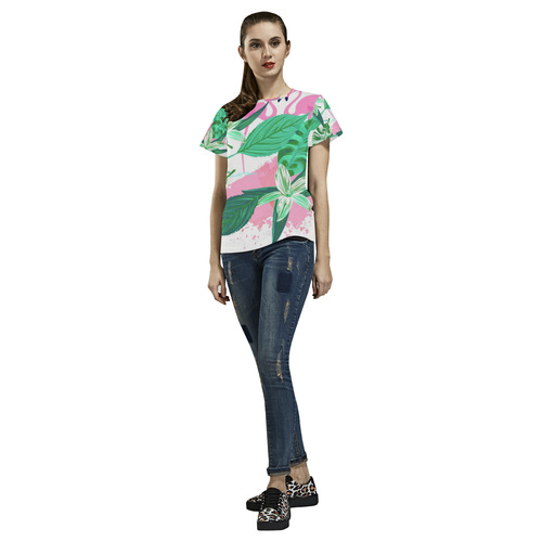 Pink Flamingos Floral Background All Over Print T-Shirt for Women (USA Size) (Model T40)