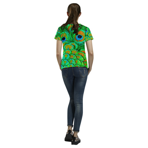 Peacock Feathers Nature Art All Over Print T-Shirt for Women (USA Size) (Model T40)