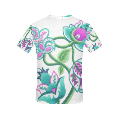 Pink Aqua Vintage Jacobean Floral Crewel All Over Print T-Shirt for Women (USA Size) (Model T40)