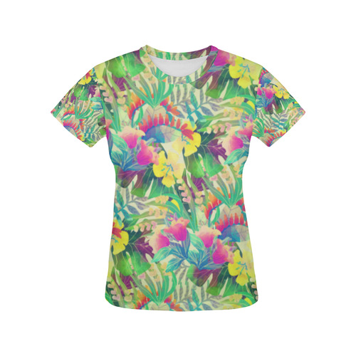 Beautiful Tropical Flowers Watercolor Pattern All Over Print T-Shirt for Women (USA Size) (Model T40)