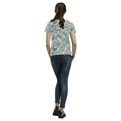 Blue Teal Sakura Fine Vintage Japanese Floral All Over Print T-Shirt for Women (USA Size) (Model T40)