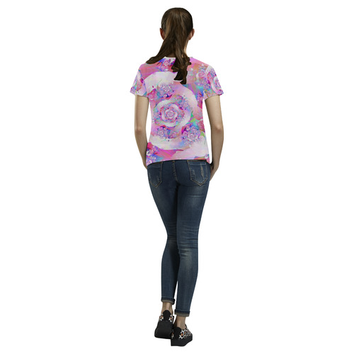 Pink Rose Fine Flower Art All Over Print T-Shirt for Women (USA Size) (Model T40)