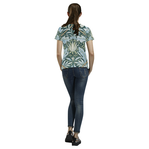 William Morris Blue Green Floral All Over Print T-Shirt for Women (USA Size) (Model T40)