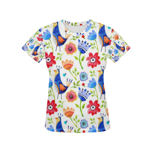 Cute Birds And Flowers Floral All Over Print T-Shirt for Women (USA Size) (Model T40)