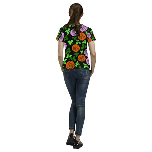 Pink Orange Abstract Rose Floral Pattern All Over Print T-Shirt for Women (USA Size) (Model T40)