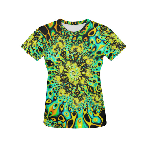 Gold Peacock Psychedelic Fractal Abstract All Over Print T-Shirt for Women (USA Size) (Model T40)