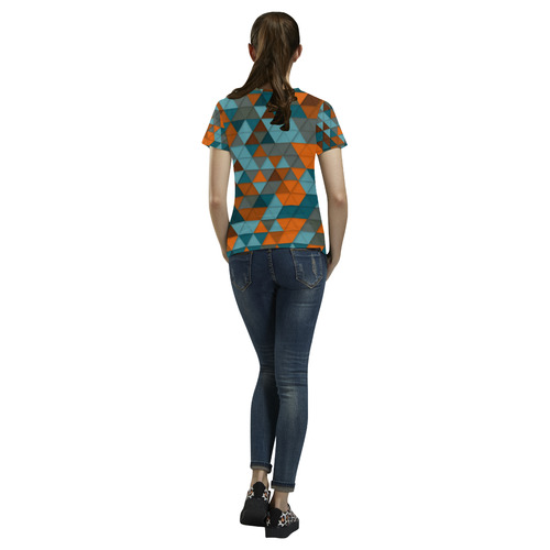 Red Teal Abstract Geometric Triangles All Over Print T-Shirt for Women (USA Size) (Model T40)