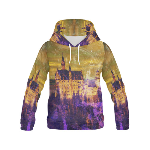 Yellow Purple Neuschwanstein Castle All Over Print Hoodie for Women (USA Size) (Model H13)