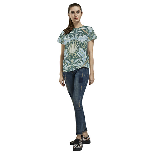 William Morris Blue Green Floral All Over Print T-Shirt for Women (USA Size) (Model T40)