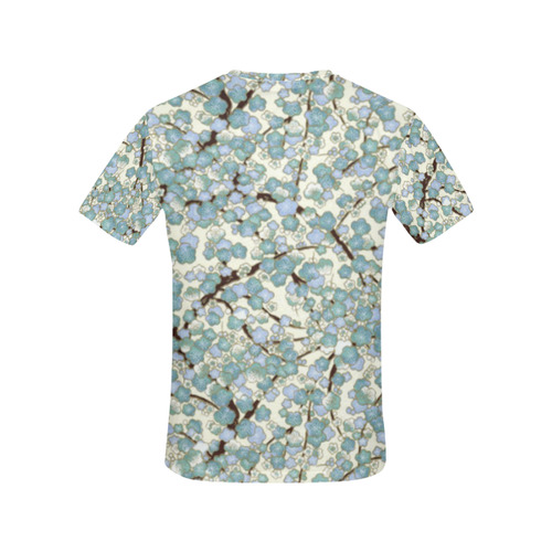Blue Teal Sakura Fine Vintage Japanese Floral All Over Print T-Shirt for Women (USA Size) (Model T40)