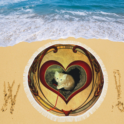 Cute kitten on a heart Circular Beach Shawl 59"x 59"