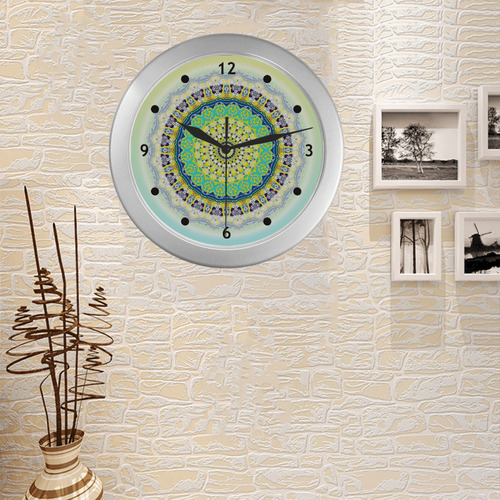 Power Mandala - Blue Green Yellow Lilac Silver Color Wall Clock