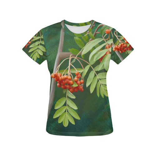 Plant Watercolor Rowan tree - Sorbus aucuparia All Over Print T-Shirt for Women (USA Size) (Model T40)