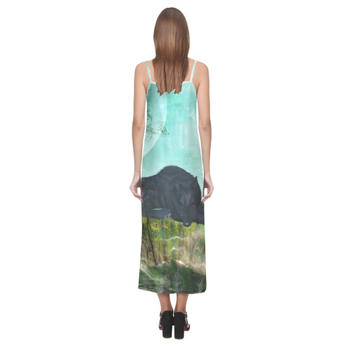 Sleeping wolf in the night V-Neck Open Fork Long Dress(Model D18)