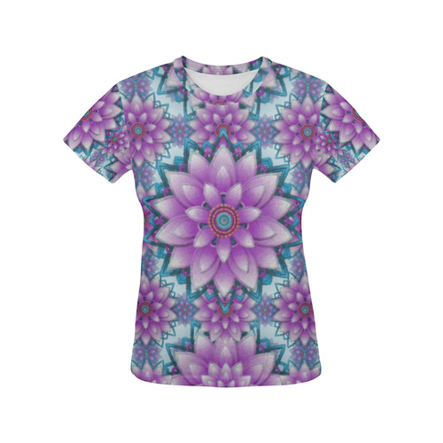 Lotus Flower Pattern - Purple and turquoise All Over Print T-Shirt for Women (USA Size) (Model T40)