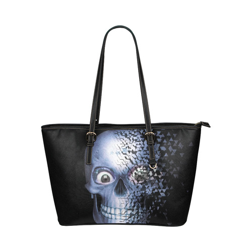 Broken Skull,blue by JamColors Leather Tote Bag/Large (Model 1651)