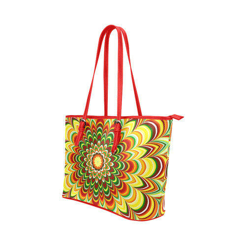 Colorful flower striped mandala Leather Tote Bag/Large (Model 1651)