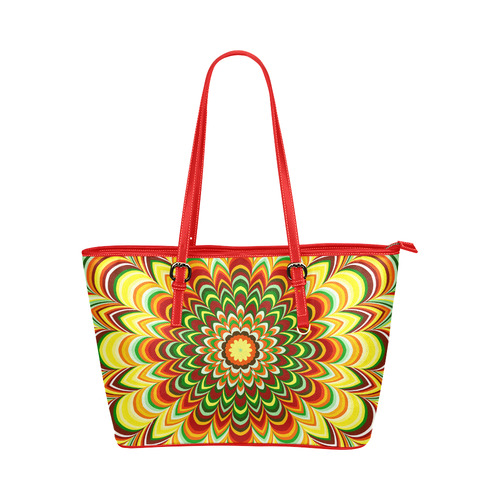 Colorful flower striped mandala Leather Tote Bag/Large (Model 1651)