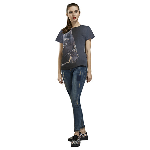 A beautiful painting black friesian horse portrait All Over Print T-Shirt for Women (USA Size) (Model T40)
