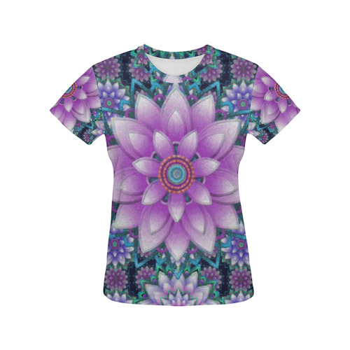 Lotus Flower Ornament - Purple and turquoise All Over Print T-Shirt for Women (USA Size) (Model T40)